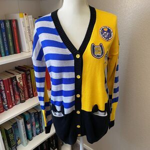 A02 Women Cat Sweater Yellow Black Meow Academic Graphic Sweater Cardigan Size M